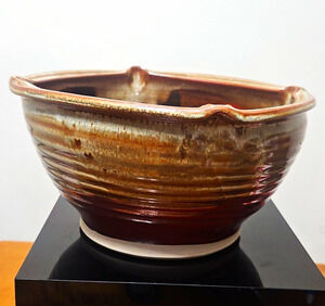Silver Lake Pottery Jay NY Signed Hand Thrown 8.25" Bowl Brown Amber Drip